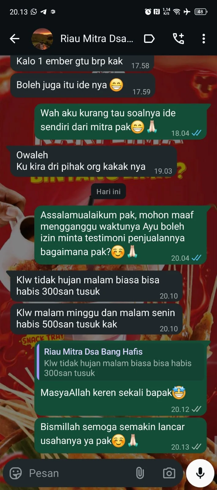 Testimoni mitra Riau tentang penjualan sempol pada malam biasa dan akhir pekan